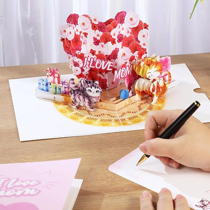 I Love You Mom Pop Up Valentines Day Card, Happy Birthday Pop Up Card For Mom, 3D Cat Mom & Floral Heart Shaped, Mother’s Day Love Card, Ideal Gift for Mom, Mother, Godmother, Stepmom, Mother In Law