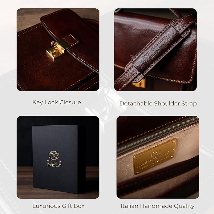 Time Resistance Small Leather Briefcase for Men - Crossbody Bag - Italian Leather Messenger Bag - Gift Box Included