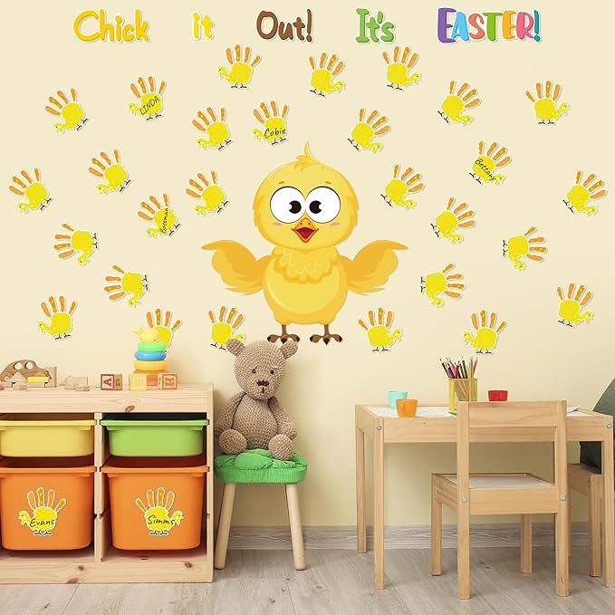 B1ykin 77Pcs Easter Chicks Handprint Bulletin Board Decoration Set, Chick It Out It’s Easter Cutout Chalkboard Wall Decor, Party Border Trim Supply for Elementary Kindergarten Preschool Classroom Home