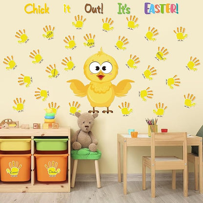 B1ykin 77Pcs Easter Chicks Handprint Bulletin Board Decoration Set, Chick It Out It’s Easter Cutout Chalkboard Wall Decor, Party Border Trim Supply for Elementary Kindergarten Preschool Classroom Home