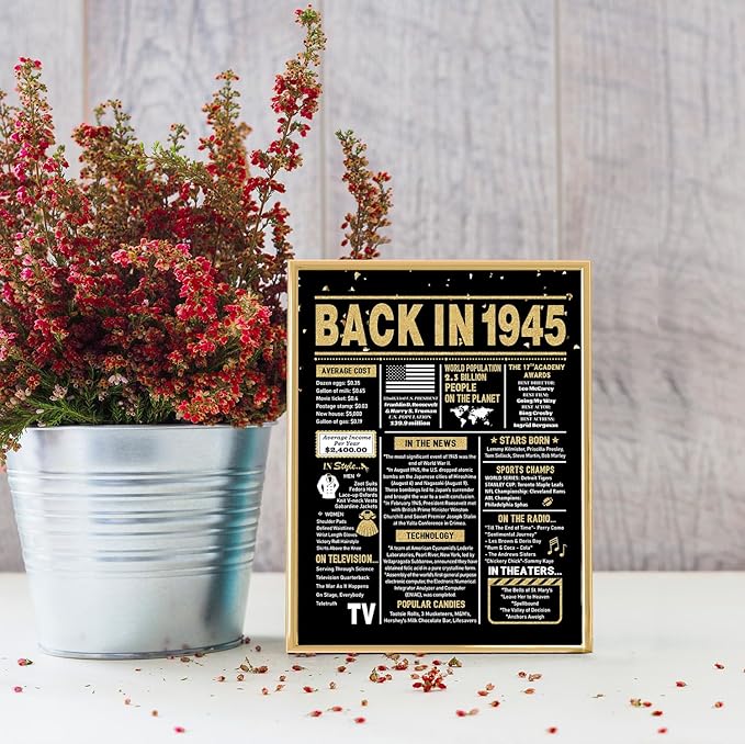 80th Birthday Card, 80th Birthday Decorations for Women Men, 80th Birthday Gifts for Dad Mom, Back in 1945 Birthday Card, Black Gold