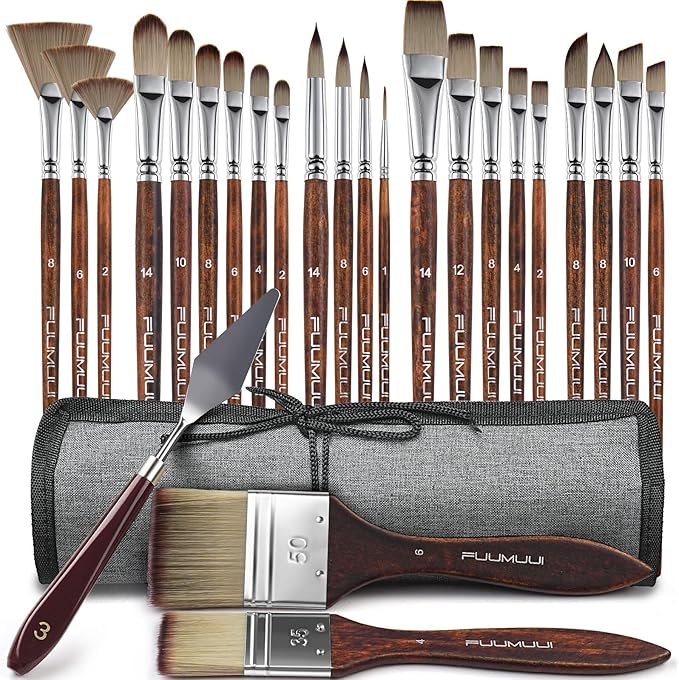 25pcs Paint Brush Set, Fuumuui Acrylic Paint Brushes, Professional Artist Series with Wide Flat, Filbert, Fan, Dagger, Cat Tongue, Round, Angle, Rigger for Oil, Acrylic Canvas Paintings, Face Painting
