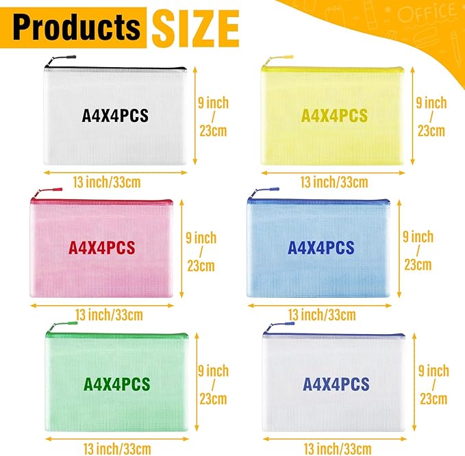 24pcs Mesh Zipper Pouch Bags - A4 Zipper Bags for Classroom Organization, Board Game & Puzzle Storage