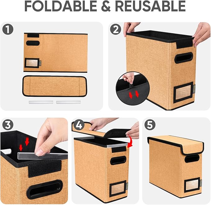 BALEINE File Organizer Box with Lid, Collapsible File Folder Organizer with Plastic Slide, Hanging File Folder Box for Office Document Storage (2 Pack, Orange, S)