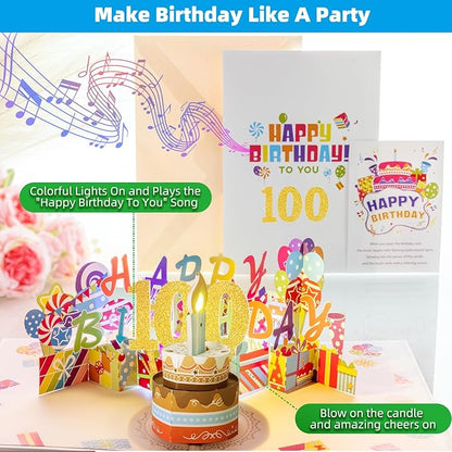 Gumry 100TH Musical Birthday PopUp Card, Blowable Colorful Light Candle 3D Cards with Song, Applause Cheers Sound, Greeting Cards Birthday Gifts Decorations for Women Men Turning 100 Years Old