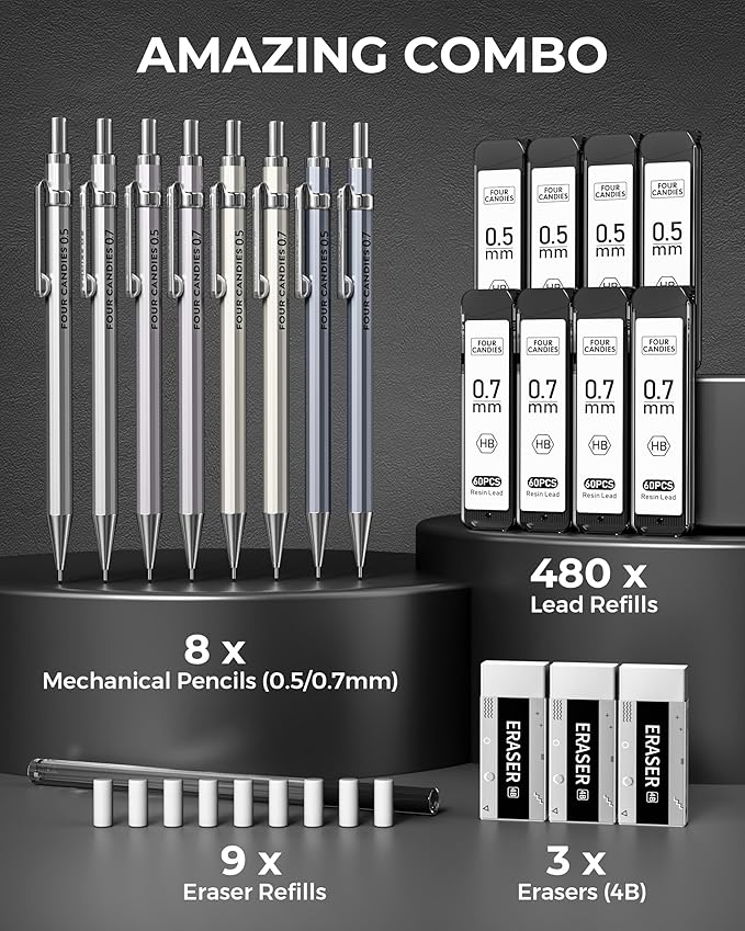 Four Candies 8PCS Metal Mechanical Pencils - 0.5 & 0.7mm with 8 Tubes HB #2 Lead Refills, Eraser Set and Eraser Refills, 20-Count Pack with Case, Lead Pencils Mechanical for Writing, Drawing, Drafting