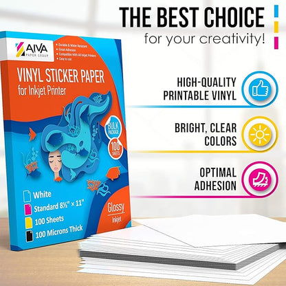 Printable Vinyl Sticker Paper - Waterproof Decal Paper for Inkjet Printer - 100 Self-Adhesive Sheets - Glossy White - Standard Letter Size 8.5"x11"