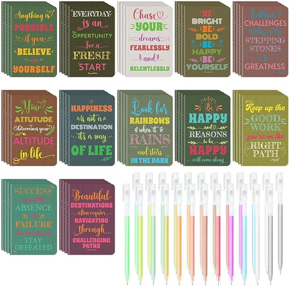 60 Pcs Mini Inspirational Notebooks Bulk with 60 Pcs Colorful Pens, Small Pocket Journal Notepads Set, Motivational Bulk Gifts for Women Men Teacher Student Kids, Fun School Office Supplies,3.5"x5.5"
