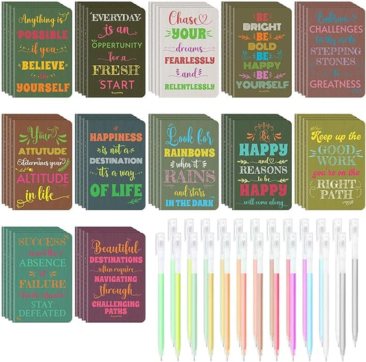 48 Pcs Mini Inspirational Notebooks Bulk with 48 Pcs Colorful Pens, Small Pocket Journal Notepads Set, Motivational Bulk Gifts for Women Men Teacher Student Kids, Fun School Office Supplies,3.5"x5.5"