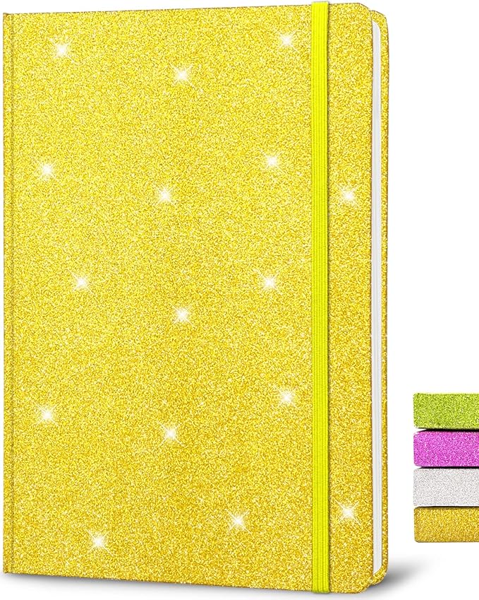 GINMLYDA A5 Glitter Notebook, Hardcover 160 Pages Never Peel Off Sparkle Glitter Lined Journal Notebook for Women Girls Writing Note Taking Works School Gift (Golden-8.3 x 5.7 Inches)