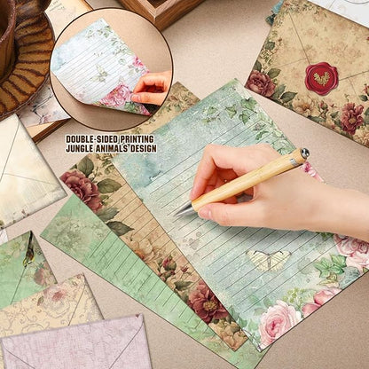 TaoBary 160 Packs Stationery Paper Set (50 Double Sided Stationery Writing Papers 50 Matching Envelopes) 60 Round Dot Sticker, 10 Design(Vintage Floral,5.5 x 8.25 Inch)