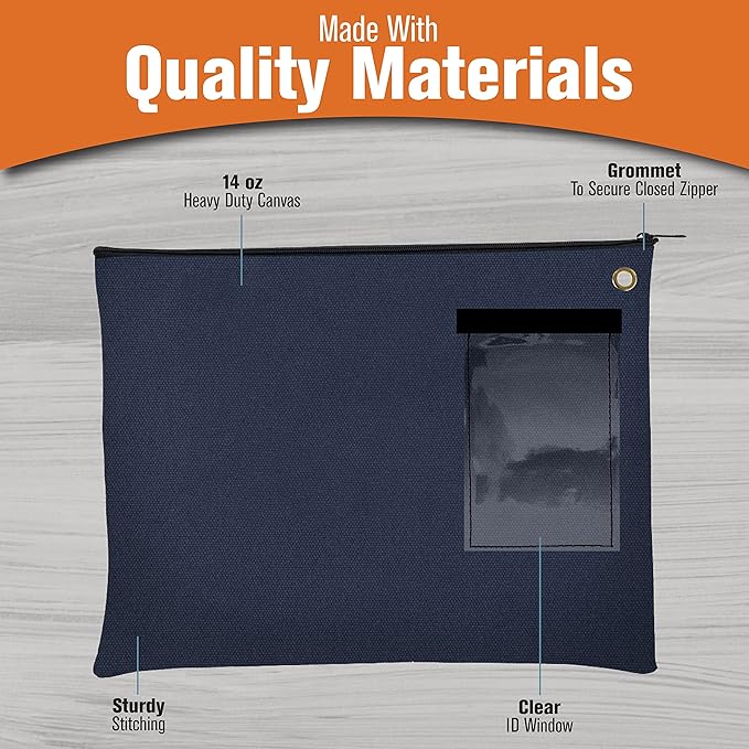 BankSupplies Canvas Interoffice Mailer, 14 oz. - 14W x 11H - Navy Blue - Transit Bag - Large Zipper Bag with Grommet - Use with Padlock or Zip Tie for Security - Interoffice Mail Bag