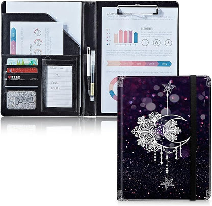 Padfolio Folder with Clipboard,Portfolios Organizer Clipboards with Storage Clipboard Writing Pad PU Leather Conference Document Organizer with Business Card Holder,Moonflower