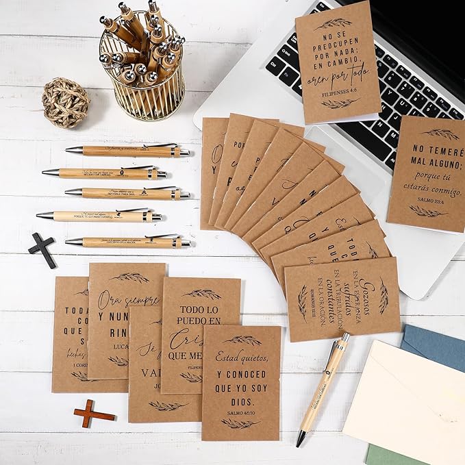 Fuutreo 30 Sets Spanish Christian Notebook Bible Verse Ballpoint Pen Versículos Bíblicos En Español Religious Easter Gifts for Women Men Bible Study Sunday School