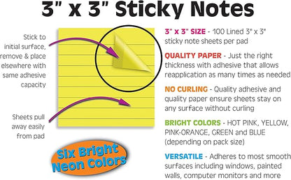 Better Office Products Lined Sticky Notes 3 x 3, 20 Pack Box, 2,000 Sheets (100/Pad), Self Stick Notes with Lines, Bright Assorted Colors, Post Memos, Strong Adhesive, 20 Pads in Box