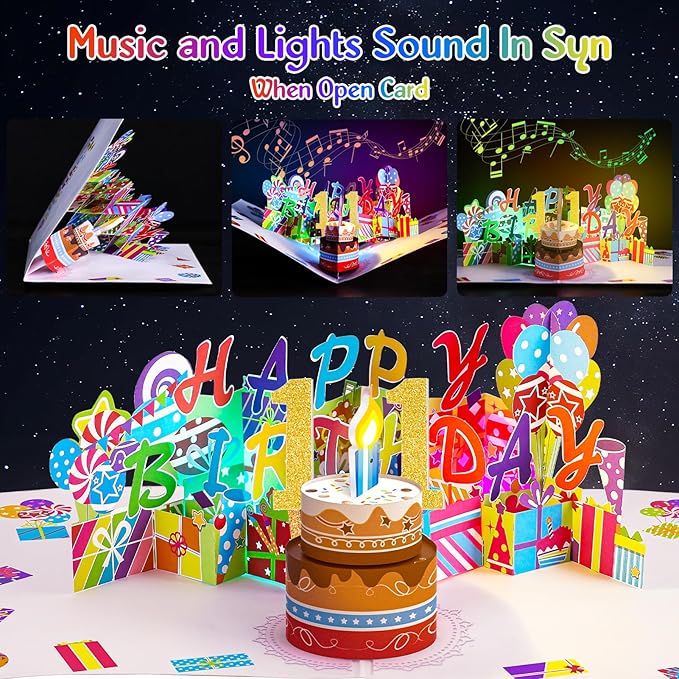 Gumry 11TH Musical Birthday PopUp Card, Blowable Colorful Light Candle 3D Cards with Song, Applause Cheers Sound, Greeting Cards Birthday Gifts Decorations for Girls Boys Turning 11 Years Old