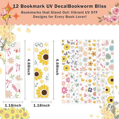 AFRITEE UV DTF Bookmark Stickers - 24 Pcs Flowers Theme Sunflower Uvdtf Decals Stickers for Acrylic Blank Bookmark, Butterfly Rub on Transfer Wraps for Book Lover DIY Blank Bookmarks(Only Stickers)