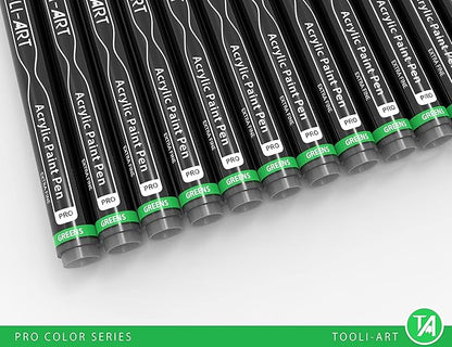 Acrylic Paint Pens 22 Green Tones Assorted Pro Color Series Markers Set 0.7mm Extra Fine Tip for Rock Painting, Glass, Mugs, Wood, Metal, Canvas, Projects, Non Toxic, Waterbased, Quick Drying