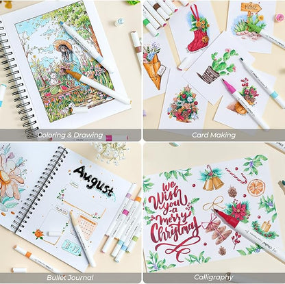 Ohuhu Markers for Adult Coloring Books No bleeding 64 Colors Water-based Coloring Markers Dual Tips Chisel & Brush Drawing Pens Art Markers for Kids Adults Beginners Lettering Journaling