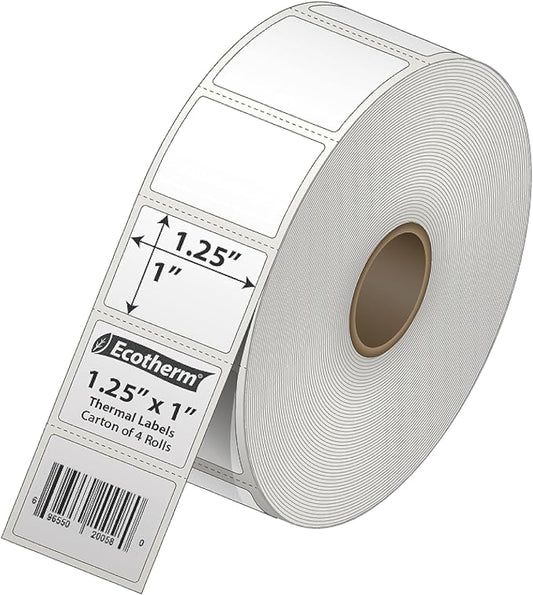 1.25" x 1" Thermal Labels | 4 Rolls | 5520 Labels | fits Zebra, Godex, Arkscan, iDPRT, Offnova Thermal Label Printers and More | Blank White Adhesive Stickers by Ecotherm