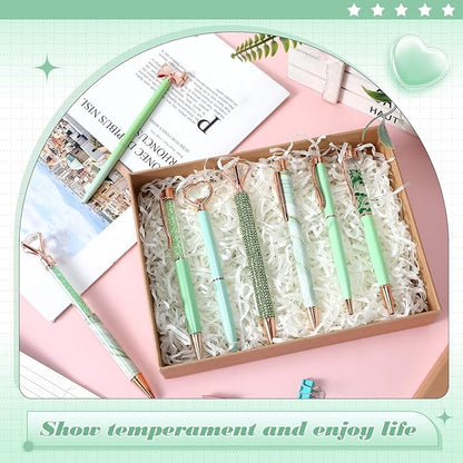 Supervitae 8 Pcs Ballpoint Pen for Women Fancy Gifts for Journaling Liquid Sand Glitter Black Ink Pens Bridal Shower Gifts for Wedding Women Office Desk School Stationery Supplies(Green)