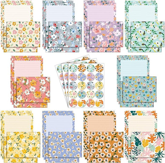 TaoBary 160 Packs Stationery Paper Set (50 Double Sided Stationery Writing Papers 50 Matching Envelopes) 60 Round Dot Sticker, 10 Design(Kawaii,5.5 x 8.25 Inch)