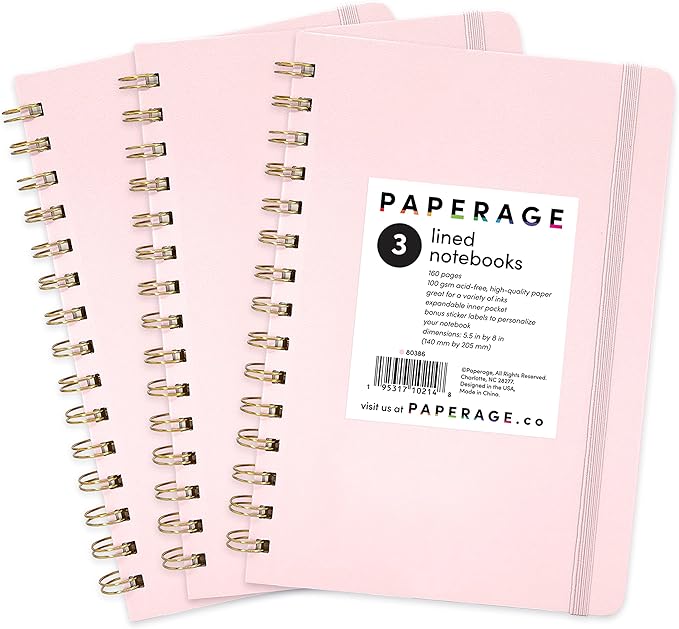 PAPERAGE Lined Spiral Journal Notebook, (Blush), 3 Pack, 160 Pages, Medium 5.5 inches x 8 inches - 100 GSM Thick Paper, Hardcover, Double-Wire Spiral Journal & Notebook