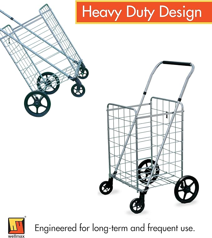 Wellmax Grocery Shopping Cart with Adjustable Handle and Swivel Wheels, Heavy Duty Foldable and Collapsible Utility Cart