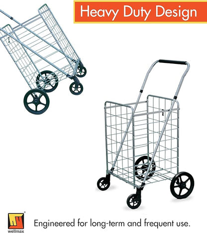 Wellmax Grocery Shopping Cart with Adjustable Handle and Swivel Wheels, Heavy Duty Foldable and Collapsible Utility Cart