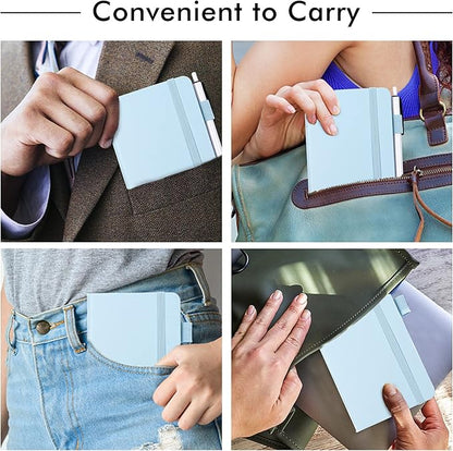 feela 15 Pack Pocket Small Notebooks Bulk, Mini Cute Memo Notepads Hardcover College Ruled Lined Journals with Pen Holder for Women Girls Office School, with 15 Black Pens, 3.5”x 5.5”, A6, Light Blue
