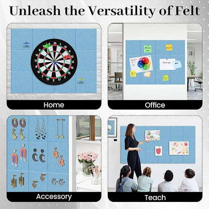 Large Cork Board for Walls Blue Felt Board Alternative -Felt Bulletin Board Tiles for Office Wall Decor,corkboard,Push pin Board Wall Organizer for Office -12Pack (Blue)