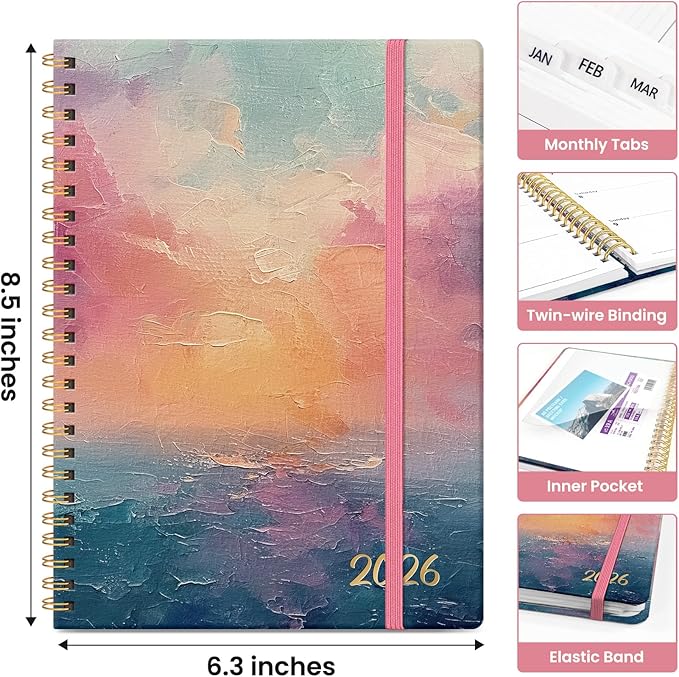 2026 Planner, Aesthetic Weekly and Monthly Planner for Women, Jan 2026 to Dec 2026, Hardcover 2026 Calendar Book with Monthly Tabs, Inner Pocket, Perfect for Office Home School - A5 (6.3" x 8.5"), Sunset
