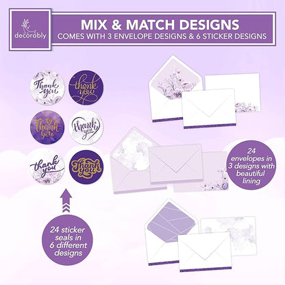 Decorably 24 Pack Glittery 6x4in Purple Thank You Cards with Envelopes and Stickers, 6 Elegant Designs Purple Thank You Notes, Blank Inside - Wedding, Baby Shower