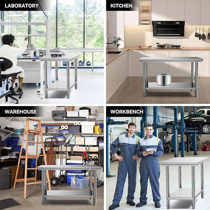 Stainless Steel Table for Work, 24 x 48 Inches Stainless Steel Prep Table with Backsplash,Adjustable Undershelf Stainless Steel Table for Commercial Kitchen, Outdoor, Restaurant, Hotel & Garage