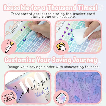 Axolotl 100 Envelopes Money Saving Challenge Binder, A5 Savings Budget Challenges Binders with Cash Envelopes, 100 Days Envelope Saving Binder Book, Budget Planner (Laser Silver)