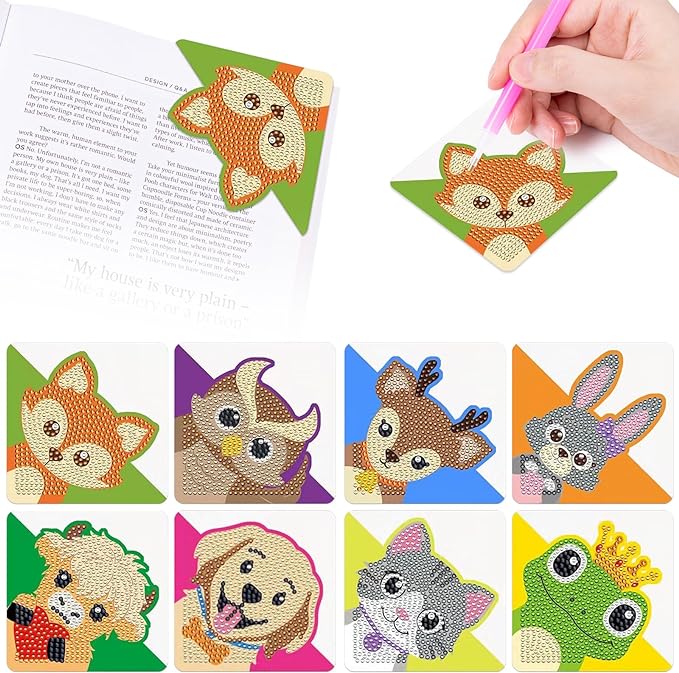 Anseal 8 Pcs Animals Diamond Art Painting Bookmark, Rhinestone Crystal Corner Bookmarks for Book Lovers, Triangle Embroidery Painting Arts Crafts Book Mark for Kids