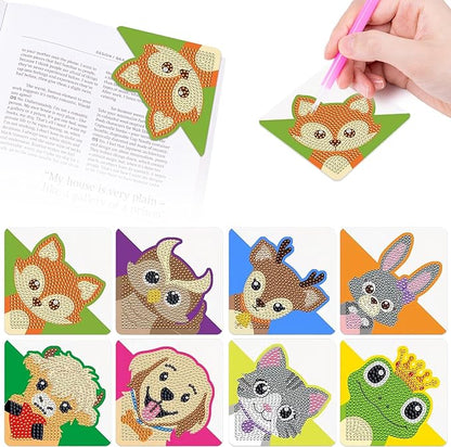 Anseal 8 Pcs Animals Diamond Art Painting Bookmark, Rhinestone Crystal Corner Bookmarks for Book Lovers, Triangle Embroidery Painting Arts Crafts Book Mark for Kids