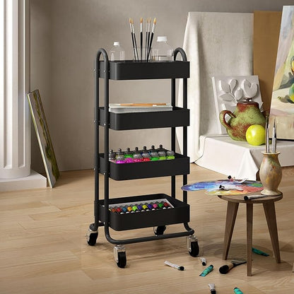 4-Tier Black Rolling Cart,Metal Rolling Utility Cart with Handle,Multifunction Rolling Carts with Wheels,Kitchen Storage Carts Suitable for Office,Home,Kitchen,Garden（13.4"x18.1"x40"） Black