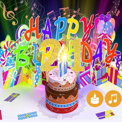 Gumry 21ST Birthday Greeting Card, Musical Pop-Up with Blowable LED Candle, Colorful Happy Birthday Decorations, Large Greeting Card for Son, Daughter, Boys, Girls