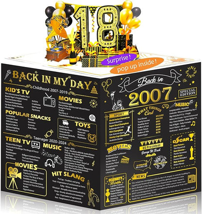 18th Birthday Card for Men Women, 3D Pop Up 18th Birthday Gifts Cards for Him Her, Back In 2007 Funny 18 Year Old Birthday Decorations, Black Gold