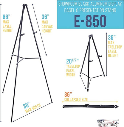 U.S. Art Supply 66" High Showroom Black Aluminum Display Easel and Presentation Stand - Large Adjustable Height Portable Tripod, Holds 25 lbs - Floor and Tabletop, Display Paintings, Signs, Posters