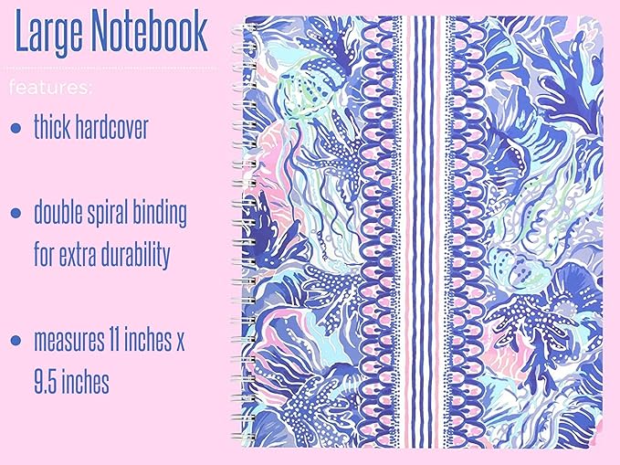 Lilly Pulitzer Large Pink/Blue Hardcover Spiral Notebook, 11" x 9.5" with 160 College Ruled Pages, Shade Seeker