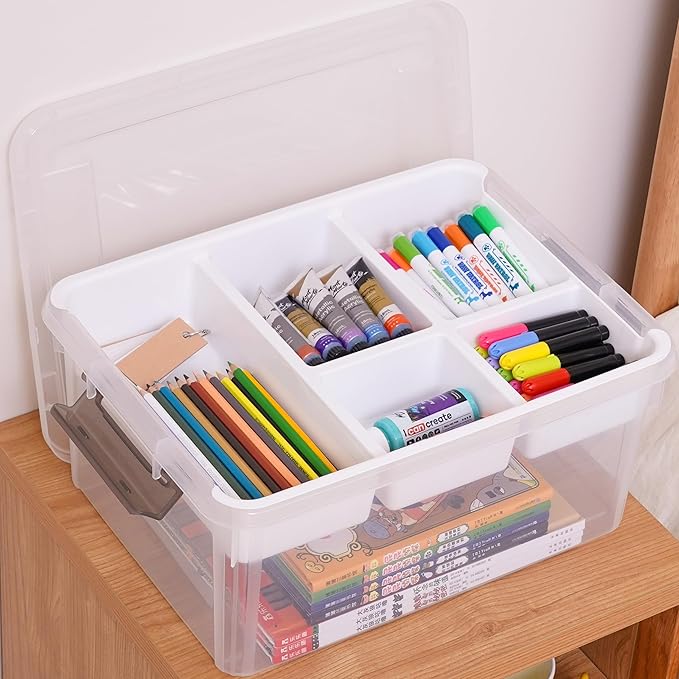 Citylife 17 QT Plastic Storage Box with Removable Tray Craft Organizers and Storage Clear Storage Container for Organizing Bead, Tool, Sewing, Playdoh, 2 Packs