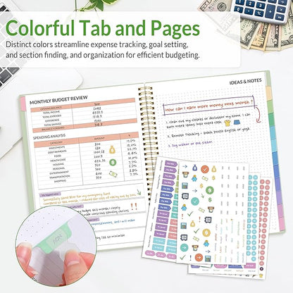 SUNEE Budget Planner - Monthly Budget Book with Expense Tracker Notebook, A4(8.5" x 11") Undated 12 Month Bill Organizer & Finance Planner to Manage Your Money, Account Book with Colorful Tab, Green