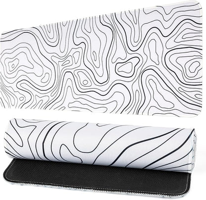 Gaming Mouse Pad Large 31.5 x 11.8in Topographic Keyboard Pad Mouse Pad for Non-Slip Base and Stitched Edge, Extended Desk Pad XL Keyboard Desk Mat (White)