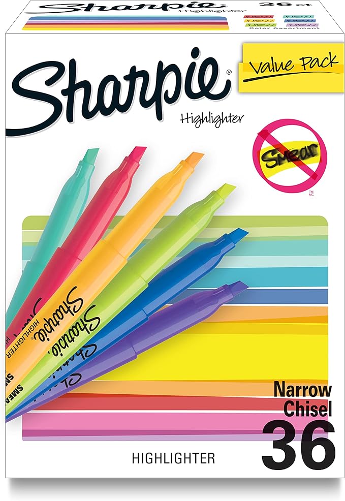 SHARPIE Pocket Highlighters, Narrow Chisel Tip, 12 Assorted Fashion Colors, 36 Count