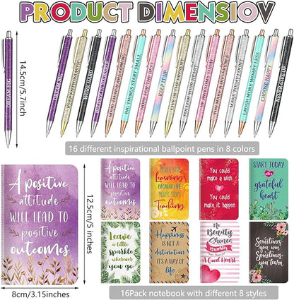 Funrous 32 Pcs Motivational Quote Pens Inspirational Notepads Mini Journal with Ballpoint Pen Small Notebooks Gift Set for Men Women Coworkers, Adult Party Favors Prizes Gift Bulk(Cute)