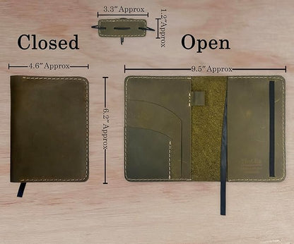 Leather Cover for Field Notes, Passport Cover, Leather Notebook Cover for 3.5" x 5.5" with Pen Holder, Only Cover (Moss Green)