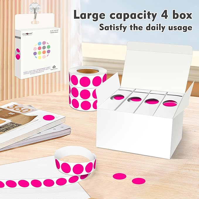 PARLAIM 3/4 Inch Roll Color Coding Labels,4000 per/4 Rolls Round Adhesive Color Coding Circle Dot Stickers for Office Home (Fluorescent Pink)