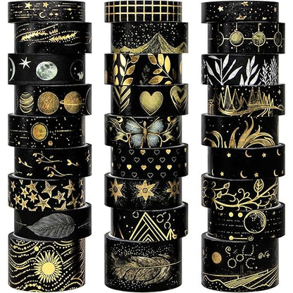 Black Washi Tape Set, 27 Rolls Black Gold Foil Decorative Masking Tape for Bullet Journaling, Scrapbooking Supplies, Watercolor Painting